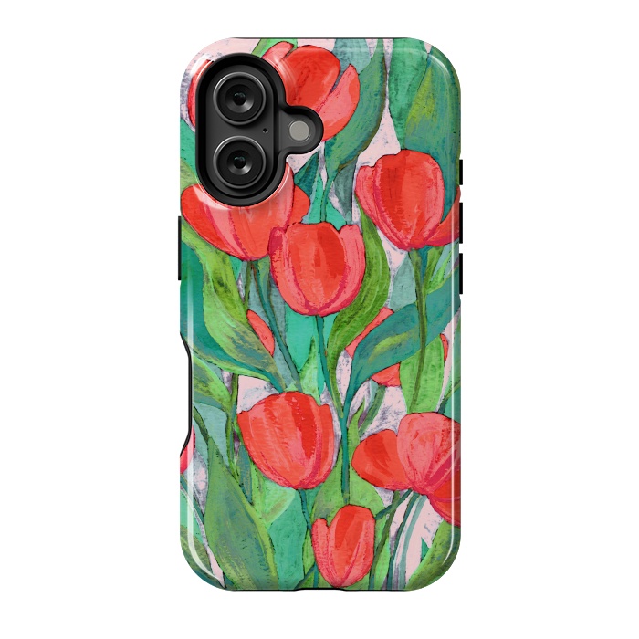 iPhone 16 StrongFit Blooming Red Tulips in Gouache  by Micklyn Le Feuvre