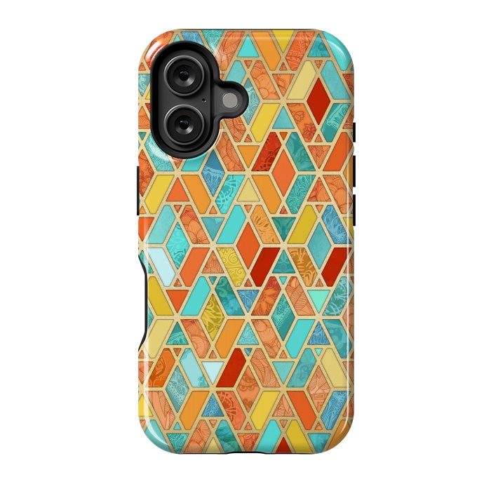 iPhone 16 StrongFit Tangerine and Turquoise Geometric Fall Pattern by Micklyn Le Feuvre