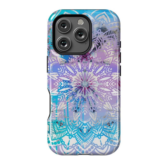 iPhone 16 Pro StrongFit Blue lavender mandala drawing on white marble by Oana 