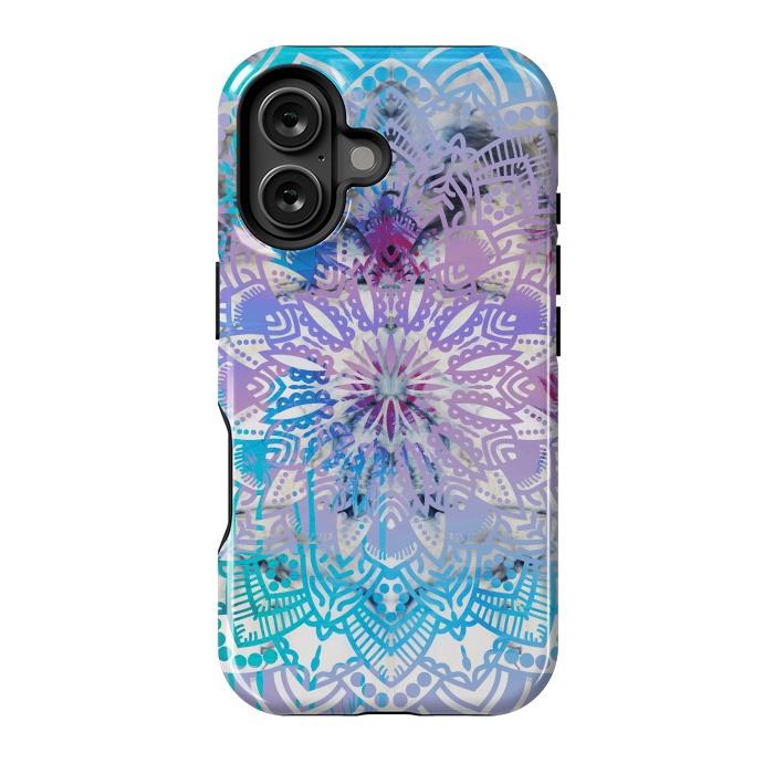 iPhone 16 StrongFit Blue lavender mandala drawing on white marble by Oana 