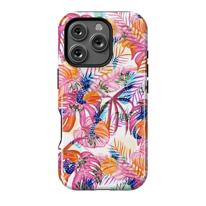 iPhone 16 Pro StrongFit Pink tropical leaves and blue pineapples by Oana 