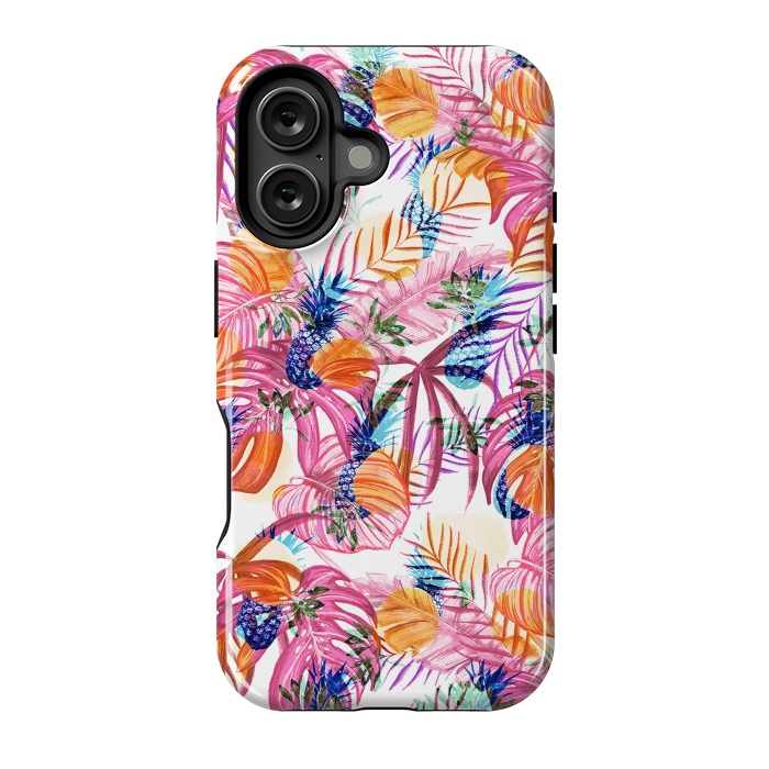 iPhone 16 StrongFit Pink tropical leaves and blue pineapples by Oana 