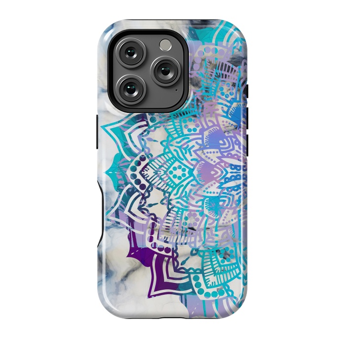 iPhone 16 Pro StrongFit Blue purple mandala on white marble texture by Oana 