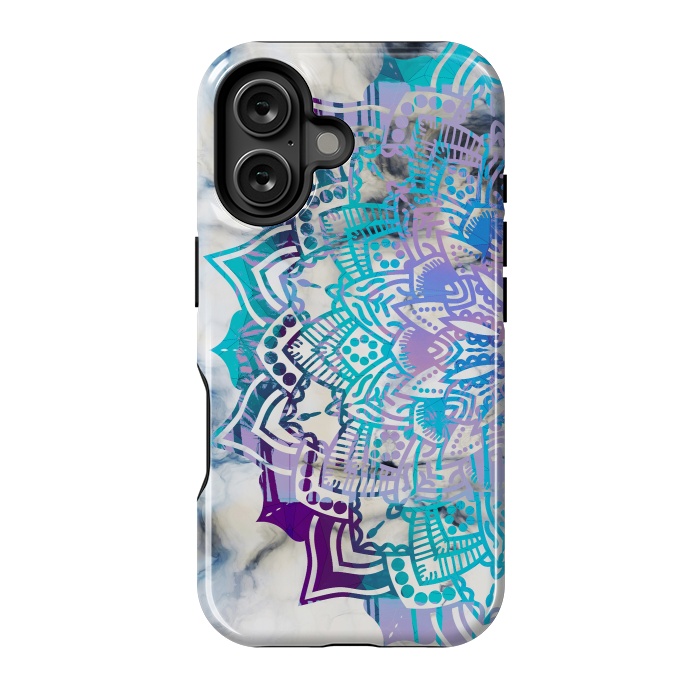 iPhone 16 StrongFit Blue purple mandala on white marble texture by Oana 