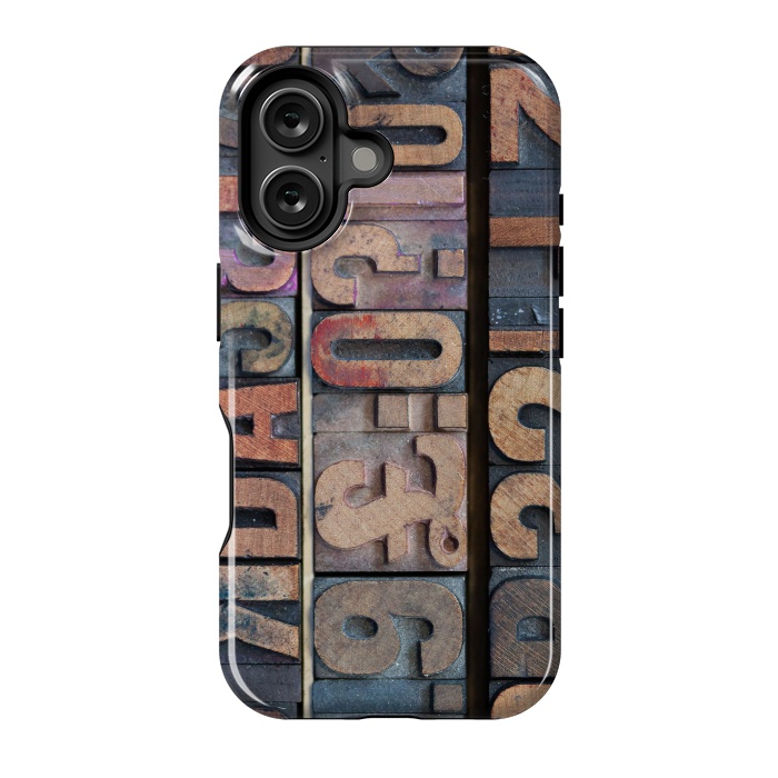 iPhone 16 StrongFit Old Wooden Print Blocks by Andrea Haase