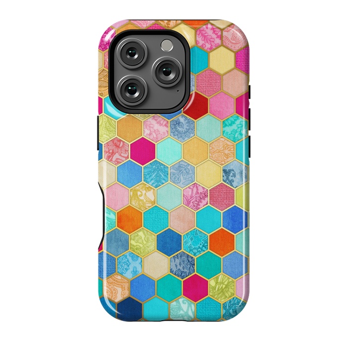 iPhone 16 Pro StrongFit Patterned Honeycomb Patchwork in Jewel Colors by Micklyn Le Feuvre