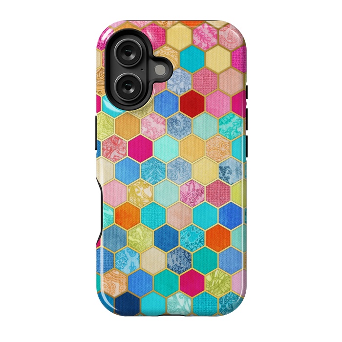 iPhone 16 StrongFit Patterned Honeycomb Patchwork in Jewel Colors by Micklyn Le Feuvre