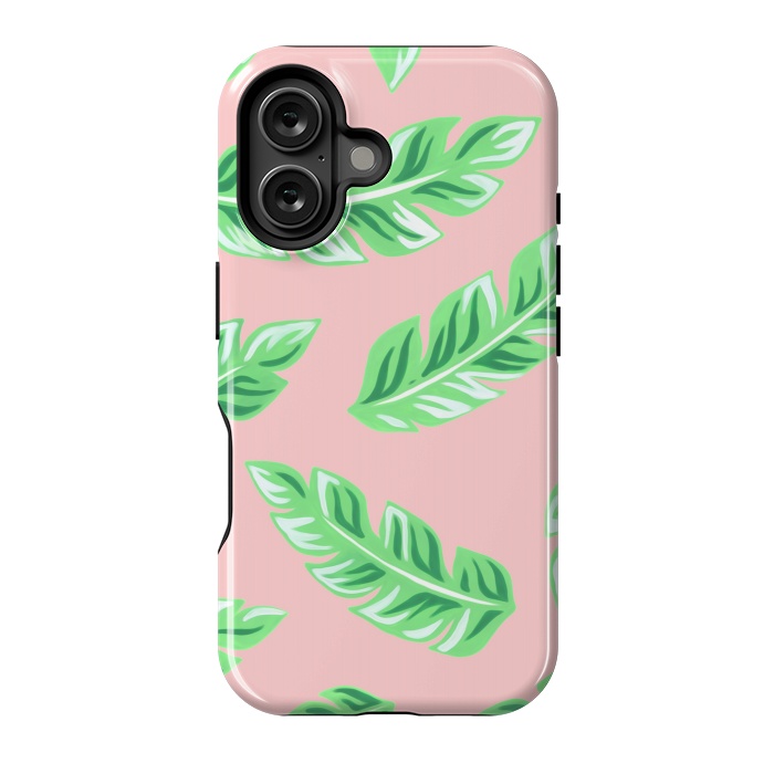 iPhone 16 StrongFit Pink Tropical Palm Leaf Print by Becky Starsmore