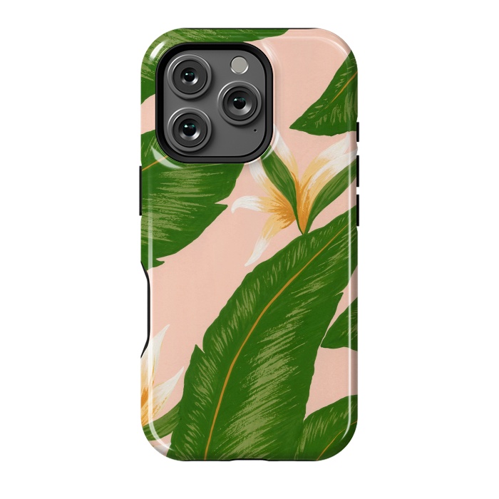 iPhone 16 Pro StrongFit Pink Bird Of Paradise Jungle Floral Print by Becky Starsmore