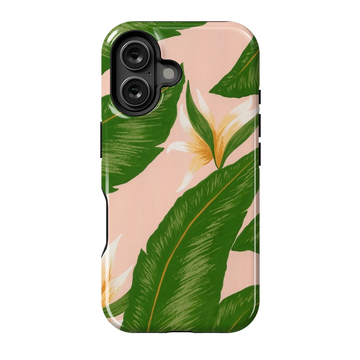 iPhone 16 StrongFit Pink Bird Of Paradise Jungle Floral Print by Becky Starsmore