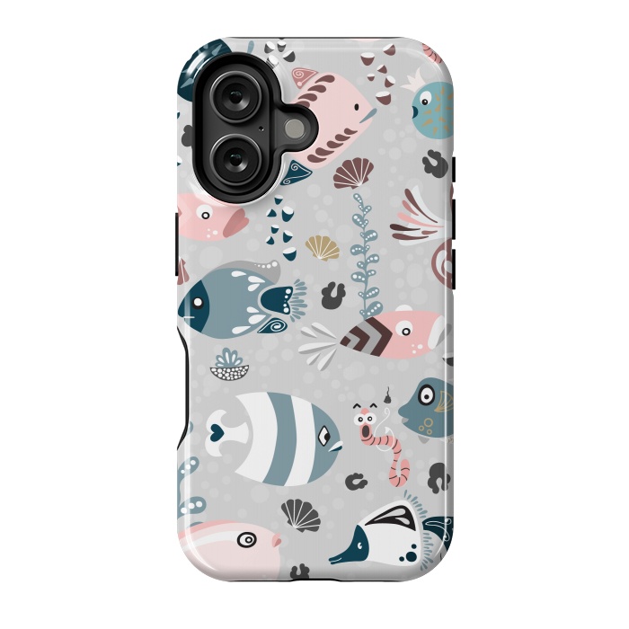 iPhone 16 StrongFit Funny Fish in Pink and Blue by Paula Ohreen