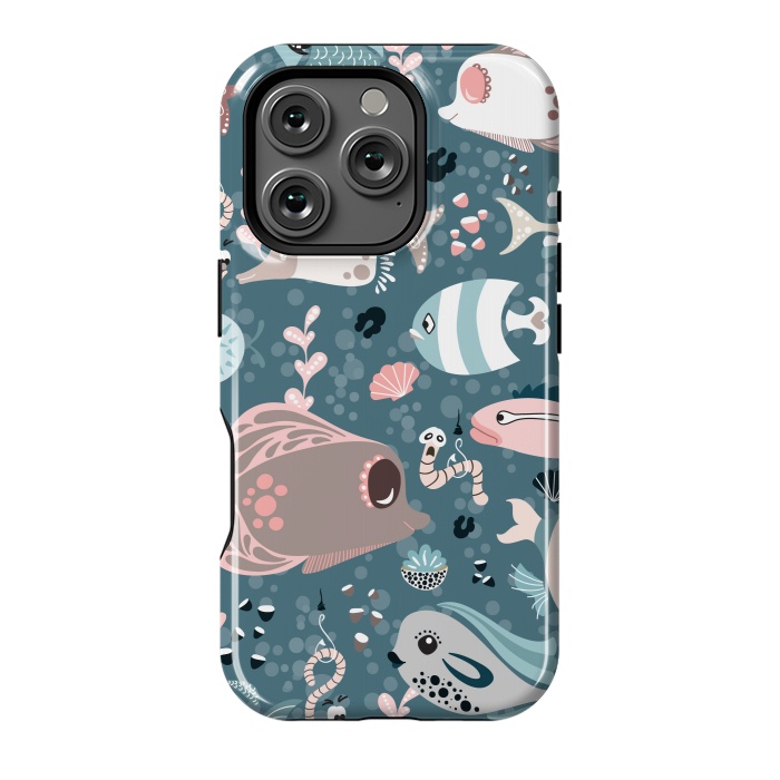 iPhone 16 Pro StrongFit Funny Fish in Blue and White by Paula Ohreen