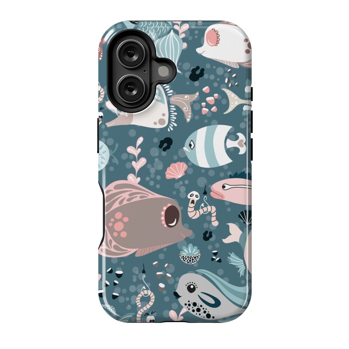 iPhone 16 StrongFit Funny Fish in Blue and White by Paula Ohreen