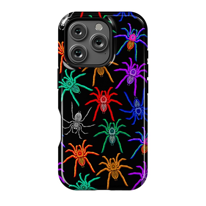 iPhone 16 Pro StrongFit Spiders Pattern Colorful Tarantulas on Black by BluedarkArt