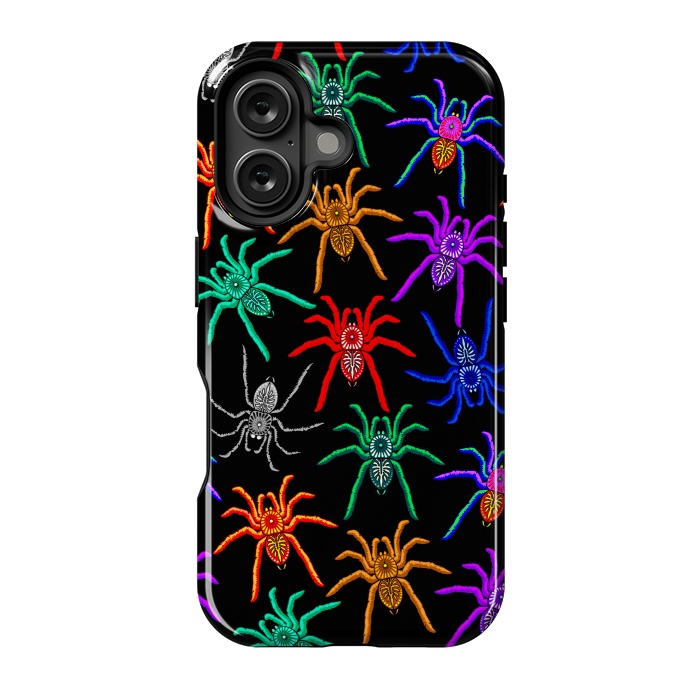 iPhone 16 StrongFit Spiders Pattern Colorful Tarantulas on Black by BluedarkArt