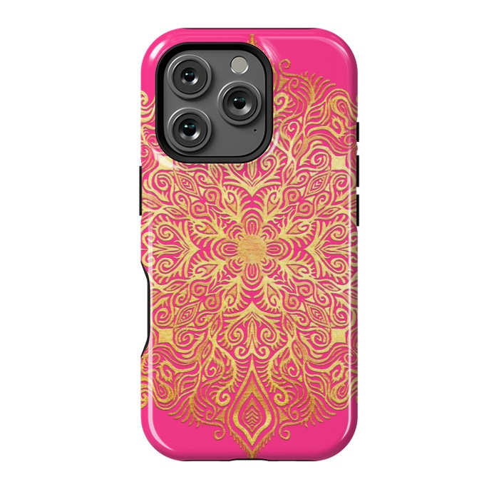 iPhone 16 Pro StrongFit Ornate Gold Mandala on Hot Pink by Micklyn Le Feuvre