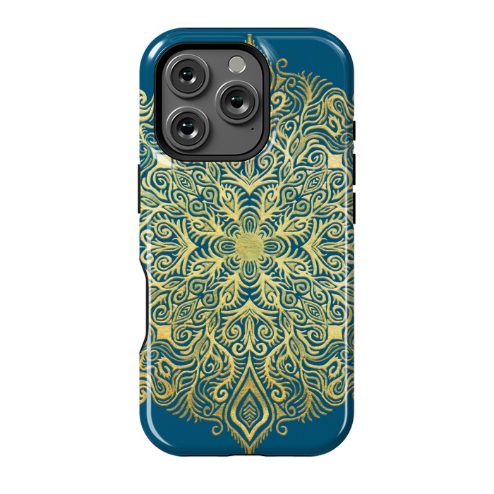 iPhone 16 Pro StrongFit Ornate Gold Mandala on Deep Blue by Micklyn Le Feuvre