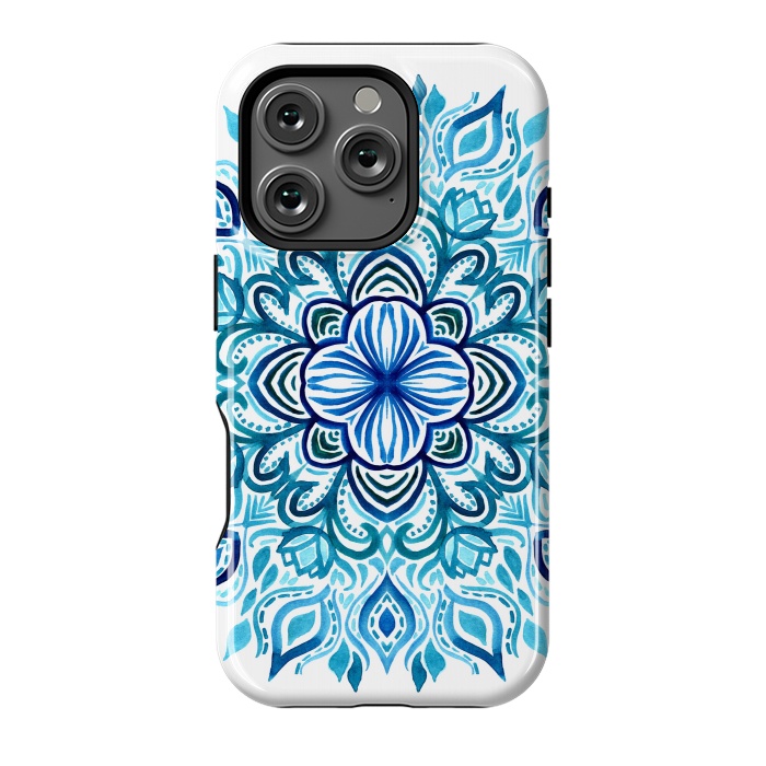 iPhone 16 Pro StrongFit Watercolor Blues Lotus Mandala by Micklyn Le Feuvre