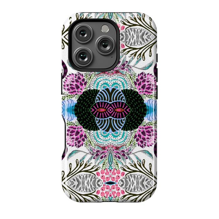 iPhone 16 Pro StrongFit Whimsical tribal mask abstract design by InovArts