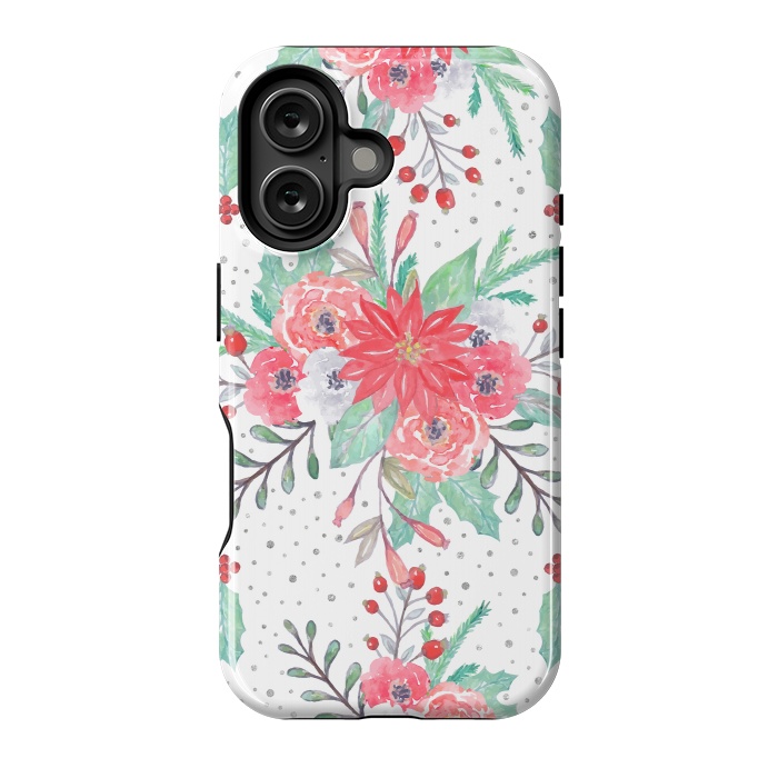 iPhone 16 StrongFit Pretty watercolor Christmas floral and dots design by InovArts