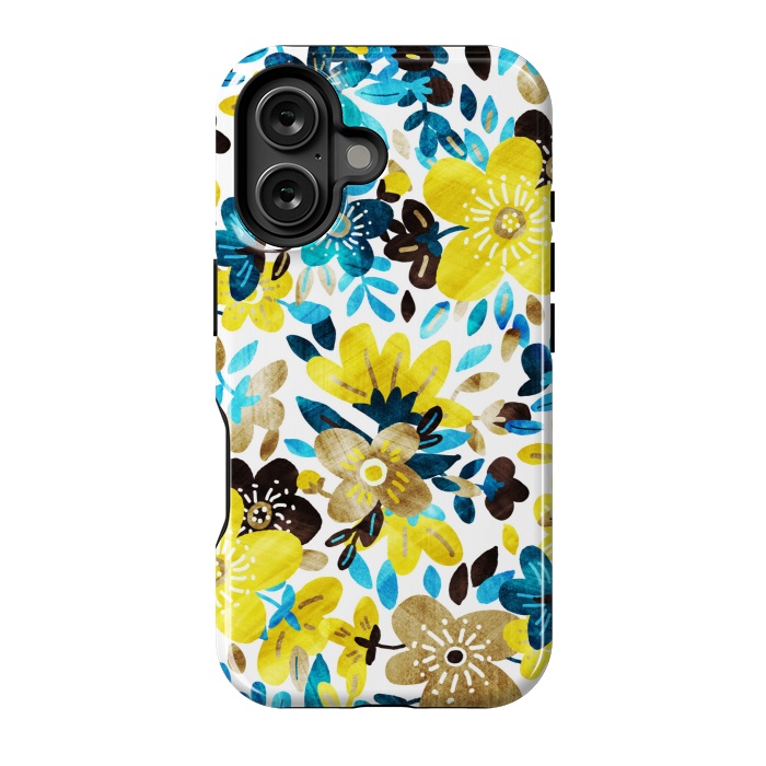 iPhone 16 StrongFit Happy Yellow & Turquoise Floral Collage by Micklyn Le Feuvre