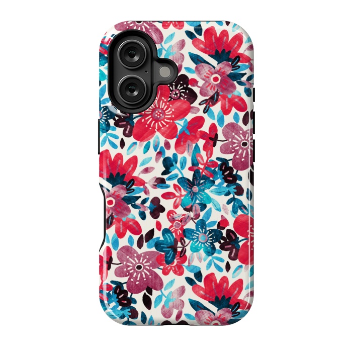 iPhone 16 StrongFit Cheerful Red and Blue Floral Pattern by Micklyn Le Feuvre