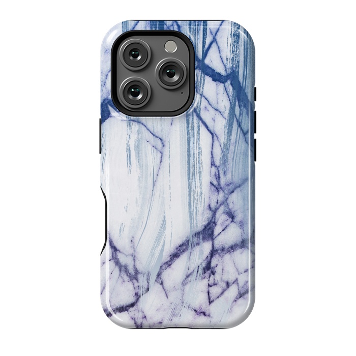 iPhone 16 Pro StrongFit White marble with blue cracks brushstrokes by Oana 