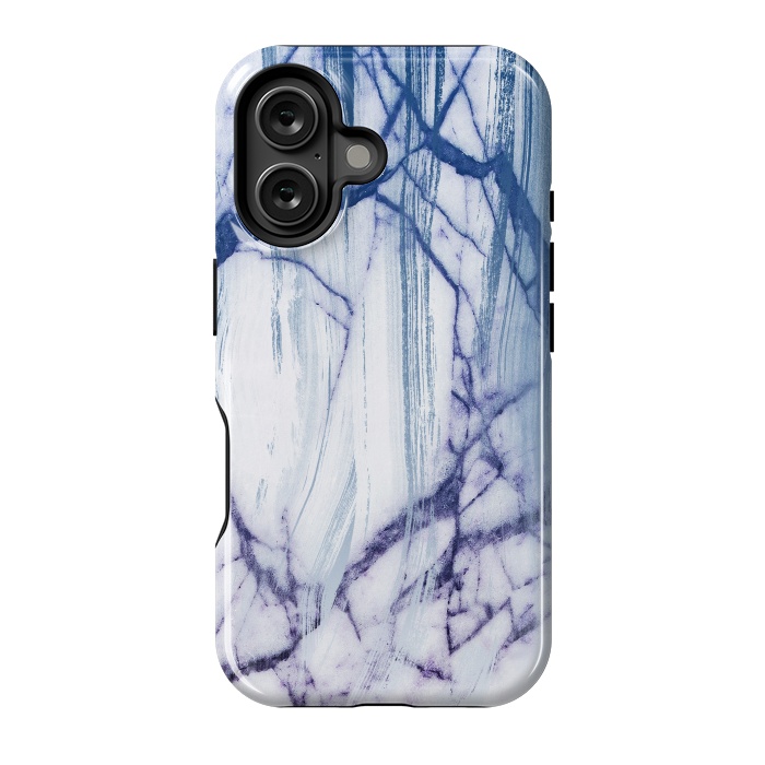 iPhone 16 StrongFit White marble with blue cracks brushstrokes by Oana 