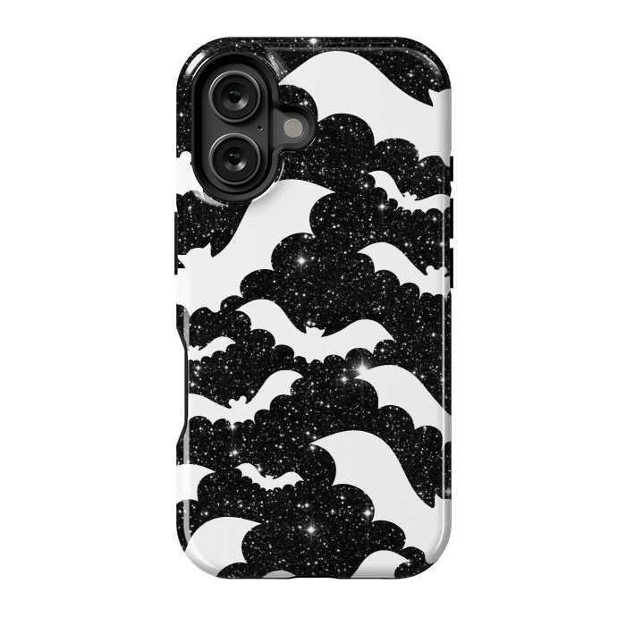 iPhone 16 StrongFit White bats on sparkly night sky stars - Halloween by Oana 