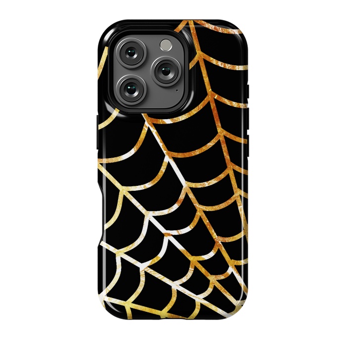 iPhone 16 Pro StrongFit Golden spider web on black - line art Halloween illustration by Oana 