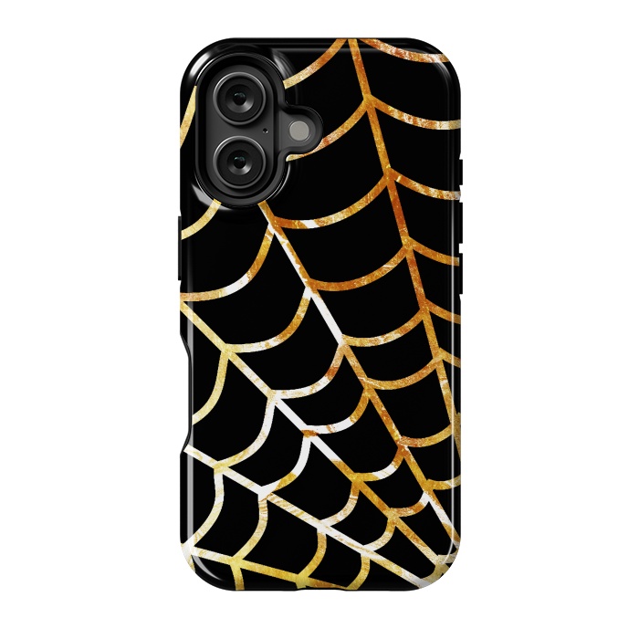 iPhone 16 StrongFit Golden spider web on black - line art Halloween illustration by Oana 