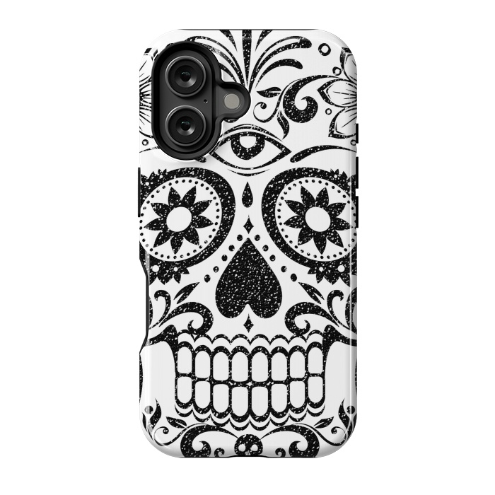 iPhone 16 StrongFit Black glitter decorated floral sugar skull - Halloween by Oana 