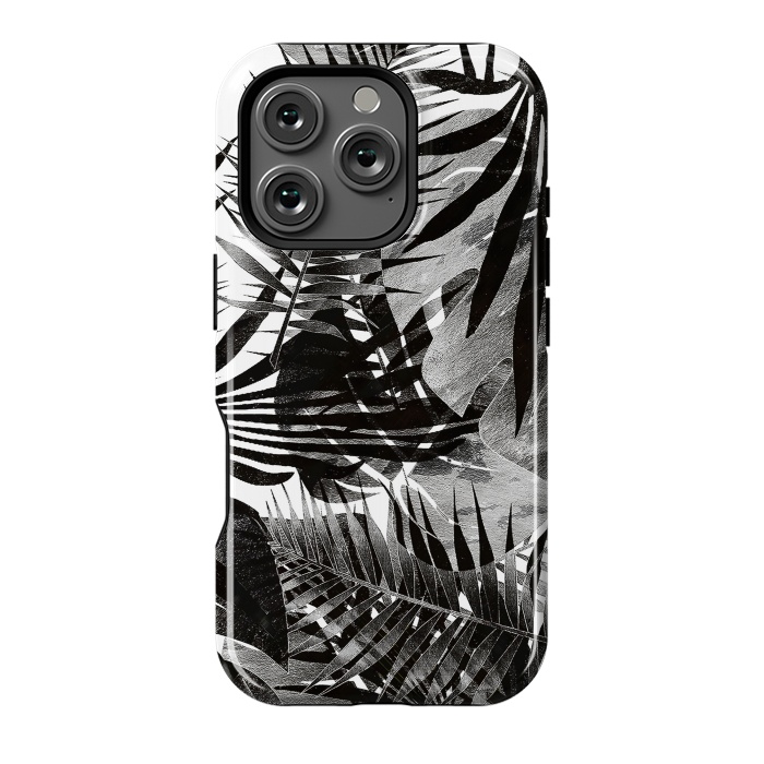 iPhone 16 Pro StrongFit Black ink tropical palm and ficus leaves monochrome jungle by Oana 