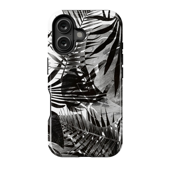 iPhone 16 StrongFit Black ink tropical palm and ficus leaves monochrome jungle by Oana 