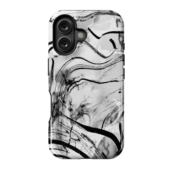 iPhone 16 StrongFit Minimal white gray marble with black ink brushstroke stripes by Oana 