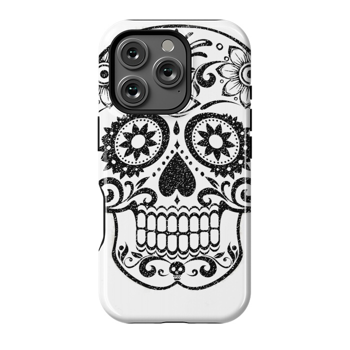 iPhone 16 Pro StrongFit Day of the Dead floral black glitter sugar skull by Oana 