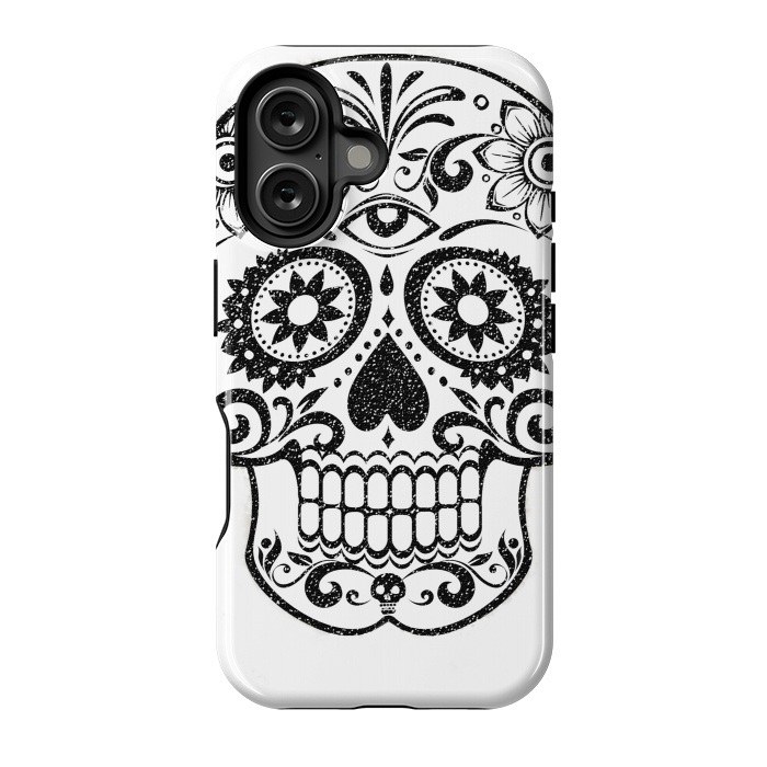 iPhone 16 StrongFit Day of the Dead floral black glitter sugar skull by Oana 