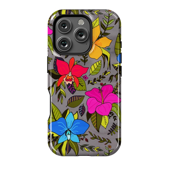 iPhone 16 Pro StrongFit Tropical Floral On Grey  by Tigatiga