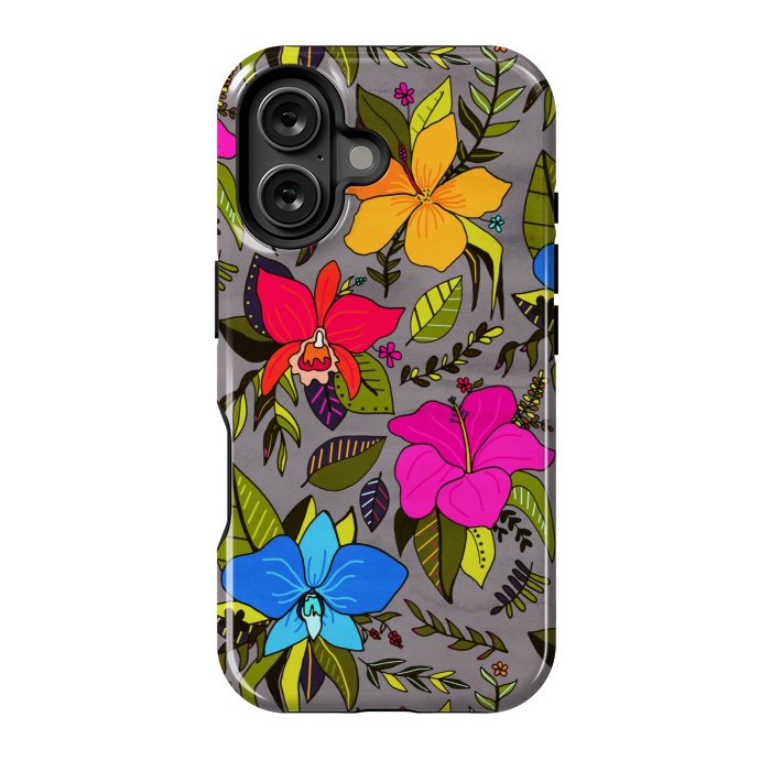 iPhone 16 StrongFit Tropical Floral On Grey  by Tigatiga