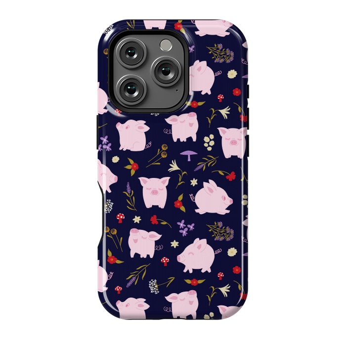 iPhone 16 Pro StrongFit Cute Pigs Dancing Around Floral Motif by Portia Monberg