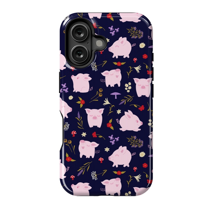 iPhone 16 StrongFit Cute Pigs Dancing Around Floral Motif by Portia Monberg