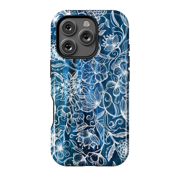 iPhone 16 Pro StrongFit In Her Garden - white floral drawing on blue by Micklyn Le Feuvre