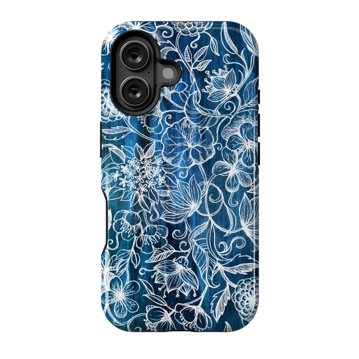 iPhone 16 StrongFit In Her Garden - white floral drawing on blue by Micklyn Le Feuvre