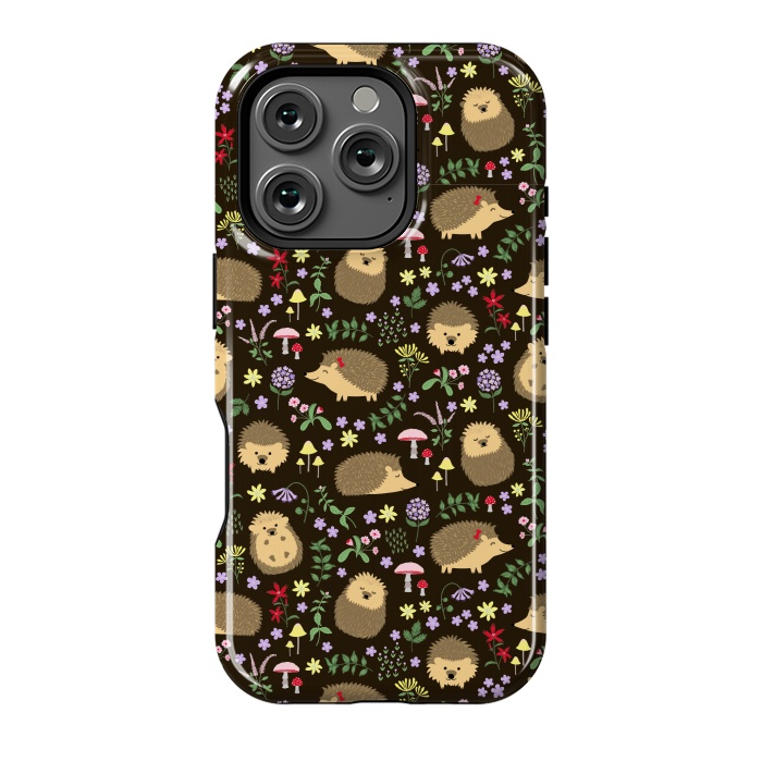 iPhone 16 Pro StrongFit Hedgehogs amid woodland plants and flowers by Portia Monberg