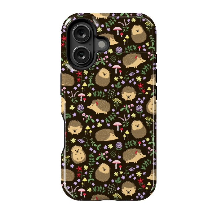 iPhone 16 StrongFit Hedgehogs amid woodland plants and flowers by Portia Monberg