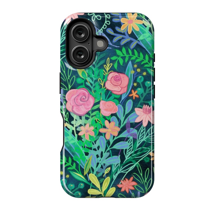 iPhone 16 StrongFit Bright Floral Posie on Dark Green by Micklyn Le Feuvre