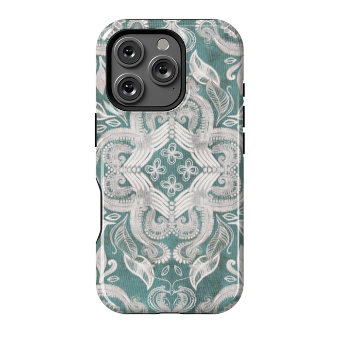 iPhone 16 Pro StrongFit Dirty Denim Boho Pattern in Teal and Grey by Micklyn Le Feuvre