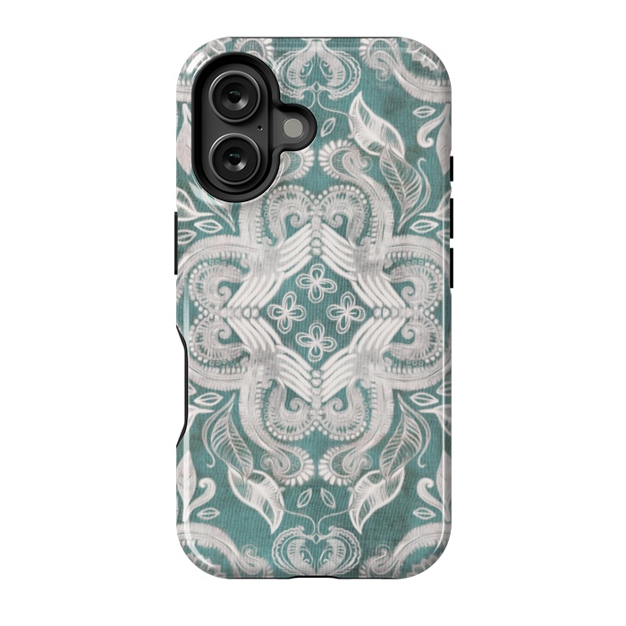 iPhone 16 StrongFit Dirty Denim Boho Pattern in Teal and Grey by Micklyn Le Feuvre