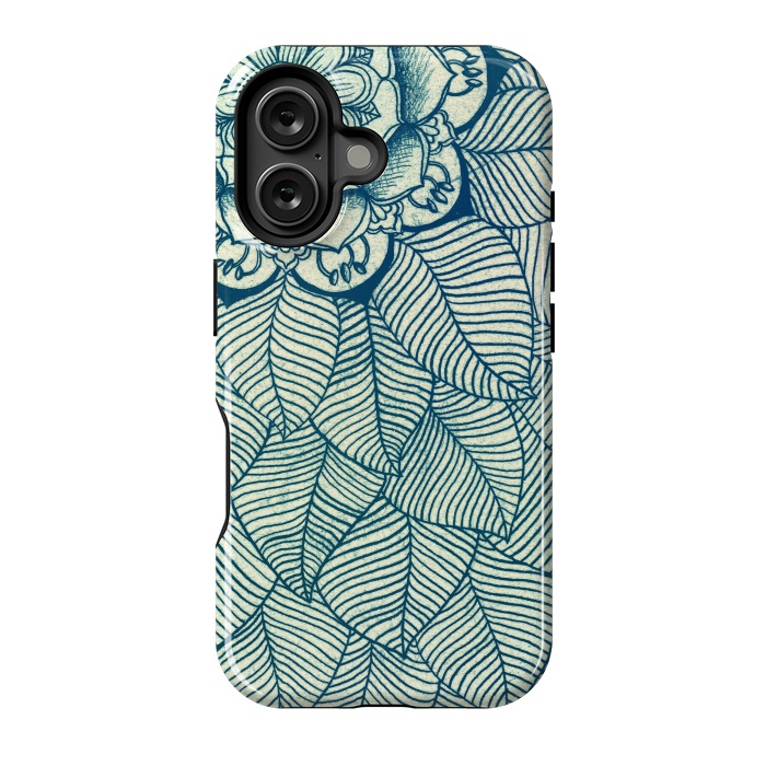 iPhone 16 StrongFit Emerald Green, Navy & Cream Floral & Leaf doodle by Micklyn Le Feuvre