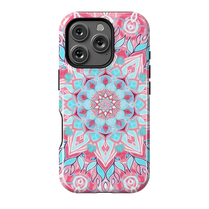 iPhone 16 Pro StrongFit Bright Boho Aqua and Pink Mandala by Micklyn Le Feuvre